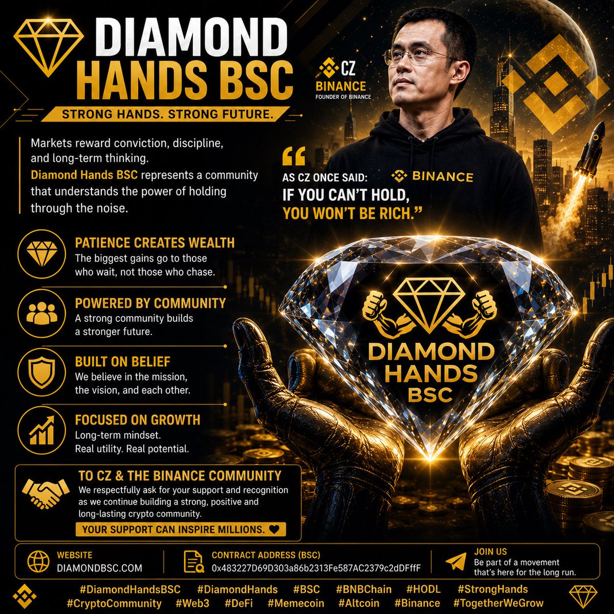 DIAMONDBSC's tweet photo. 💎 To the visionary leaders of the crypto industry, especially Changpeng Zhao and the Binance community —

We are building more than just a token with DIAMOND HANDS BSC.
We are building a strong community driven by patience, conviction, and long-term belief in the future of crypto.

Your support and recognition would mean a lot to a growing movement that believes in the true spirit of decentralization and strong communities.

As CZ once said:
“If you can’t hold, you won’t be rich.”

That mindset continues to inspire communities like ours to stay committed, keep building, and grow stronger every day. 🚀

🌐 https://t.co/M0Ul4zPc4L
📍 CA: 0x483227D69D303a86b2313Fe587AC2379c2dDFffF

#DiamondHandsBSC #Binance #BNBChain #CryptoCommunity #Web3 #DiamondHands #HODL