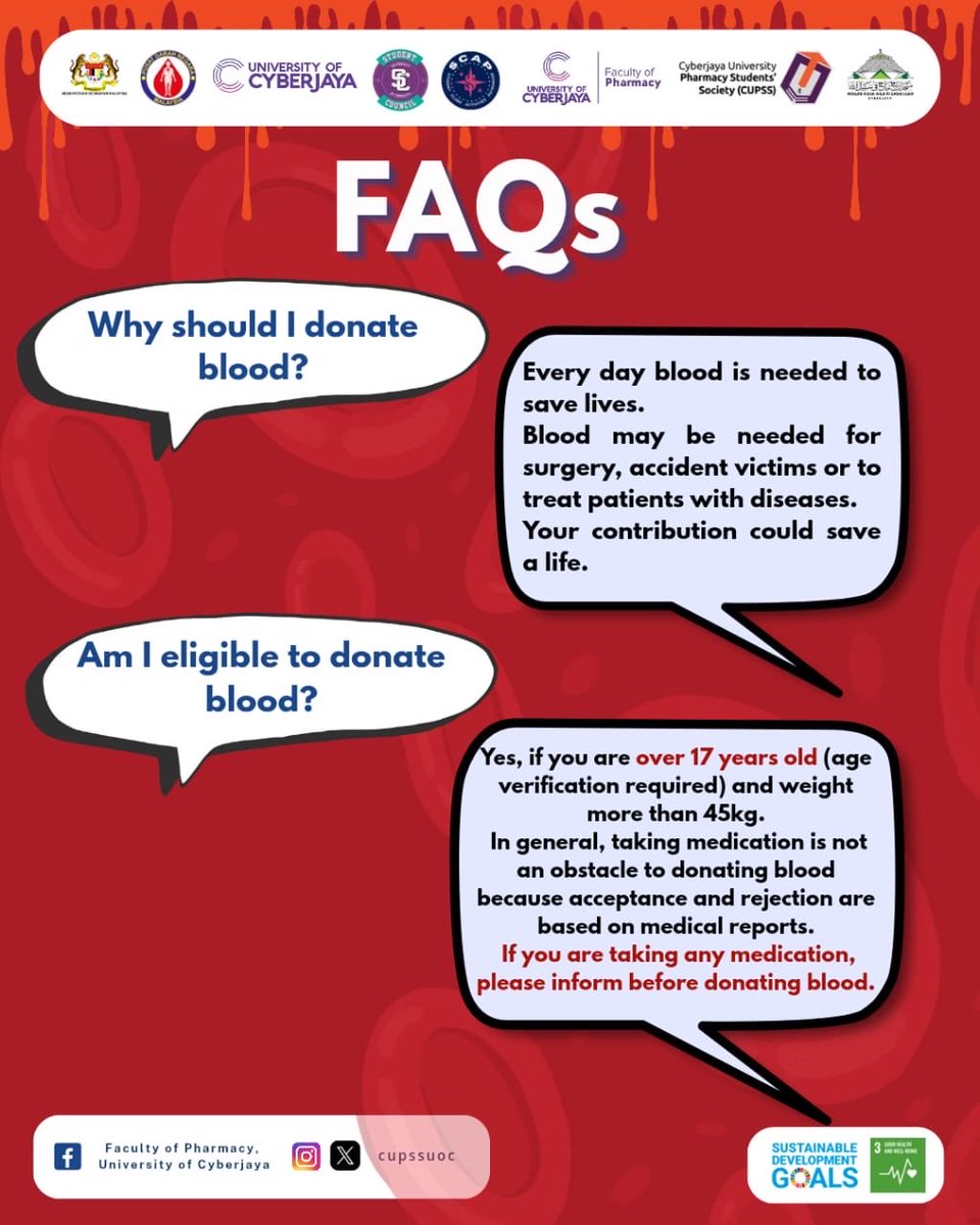 cupssuoc's tweet photo. [𝐋𝐢𝐟𝐞𝐛𝐥𝐨𝐨𝐝 𝐃𝐫𝐢𝐯𝐞 - 𝐅𝐀𝐐𝐬] 💬

Salam and greetings Pharmily,

Got questions about Lifeblood Drive 2026? 🩸  

We’ve answered some of the common questions you might have—like why blood donation matters, how it helps others, and what your donation is used for. https://t.co/qu2Tn2XxQb