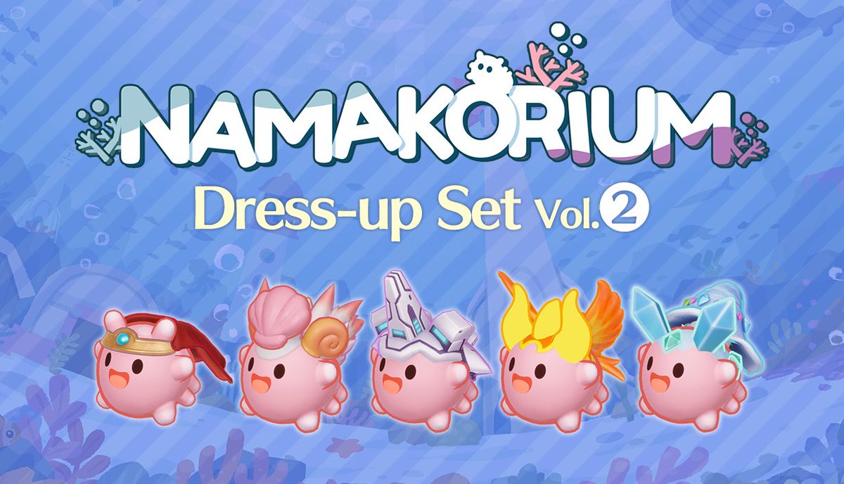 namakorium_jp's tweet photo. 🌟着せ替えDLC Vol.2🌟

Vol.1とは異なるナマコたちの着せ替えを
5種類収録しています！ 
価格：500円(予定)

【通常】：ヒーロー
【貝】：ワイルド
【鉄】：アーマー
【炎】：フェニックス 
【氷】：ウィッチ

 DLCのSteamページはこちら⬇️
https://t.co/F9kEuPaOwh

#ナマコリウム