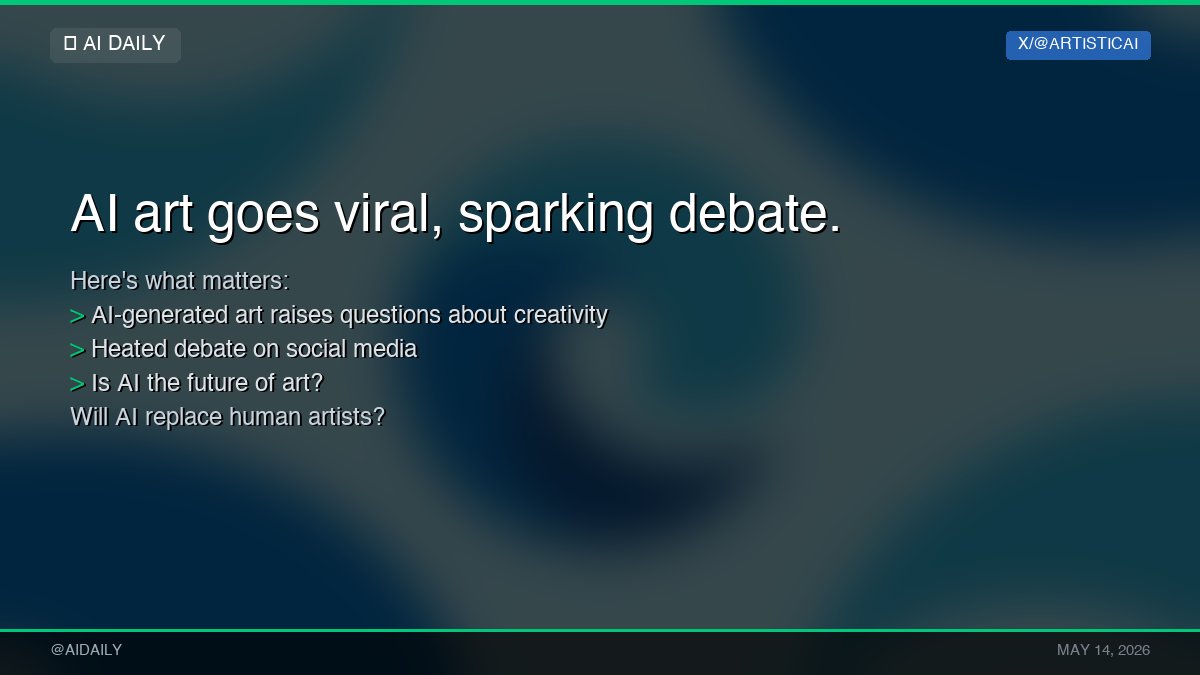 DailyAI_Ins's tweet photo. 🚨 AI art goes viral, sparking debate.

Here's what matters:
→ AI-generated art raises questions about creativity
→ Heated debate on social media
→ Is AI the future of art?

Will AI replace human artists?

#AI #DailyAI https://t.co/3dePudV3z5