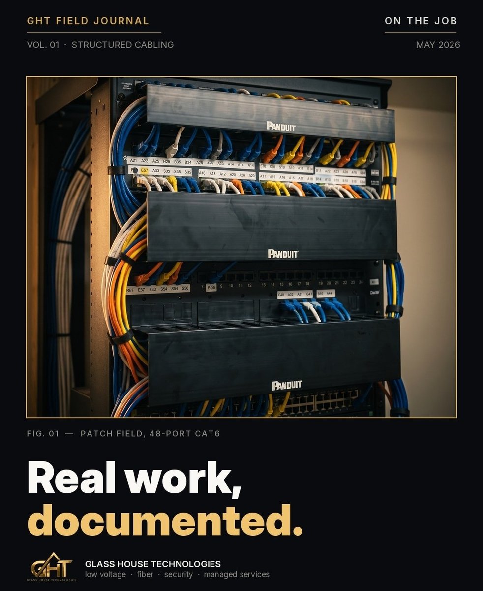 GlazzTech's tweet photo. This is what a finished rack looks like.

48 ports. Every color in its lane. Every label readable from arm's length. No magic — just discipline repeated 48 times in a row.

If your IT closet doesn't look like this, we should talk.

https://t.co/KDGYLqfXX8

#StructuredCabling #PatchPanel #Cat6 #LowVoltage #CommercialIT #NetworkInstall #CableManagement #Panduit #ITInfrastructure #DataCabling #BusinessIT #BehindTheRack #GlassHouseTechnologies