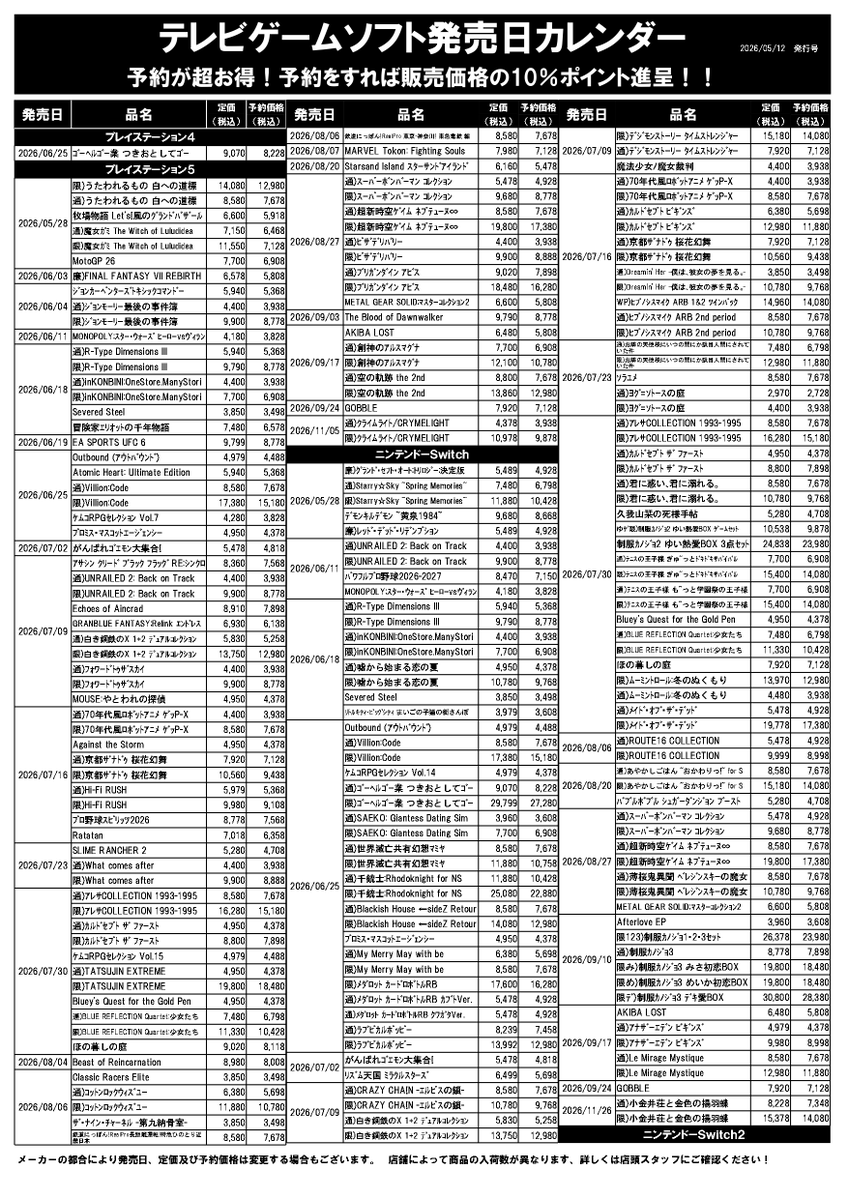 ✨ゲーム予約情報✨ 5/12更新‼ 予約ランキング＆ソフト発売日
