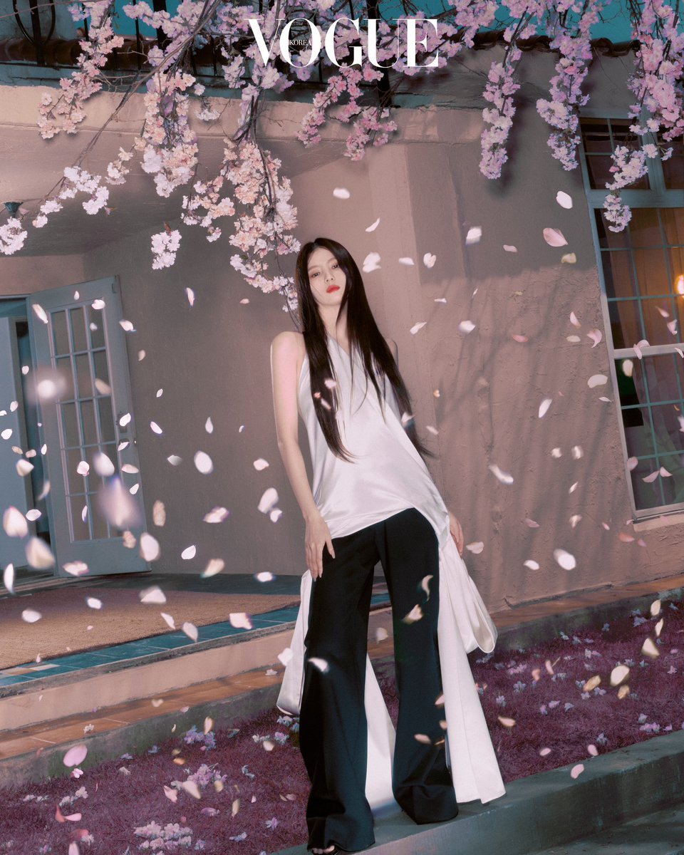 hlansohee's tweet photo. Beneath lilac dusk, I wandered through scattered blossoms for Vogue Korea x Dior, clad in pearl-like silk and shadowed trousers. My crimson lips and softened gaze carried the tender ache of spring, whilst petals danced ‘round me as though the night itself did sigh softly at dusk. https://t.co/yAUt1CIeSE
