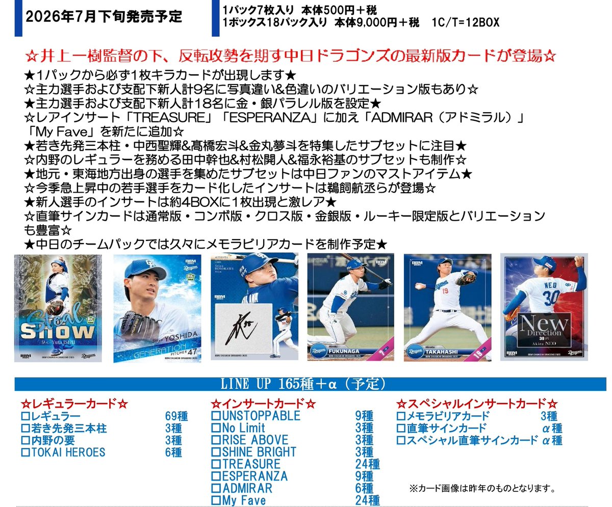 製品情報】 2026年7月下旬 発売予定 ⚾ BBM 中日ドラゴンズ ベース
