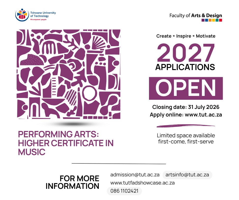 HeitaT's tweet photo. Heita!
Start your journey in music.
Closing date: 31 July 2026
Apply online: https://t.co/ZoDR4XetQO
#MusicStudies #TUT #ApplyNow https://t.co/p1pxZ5sRwd
