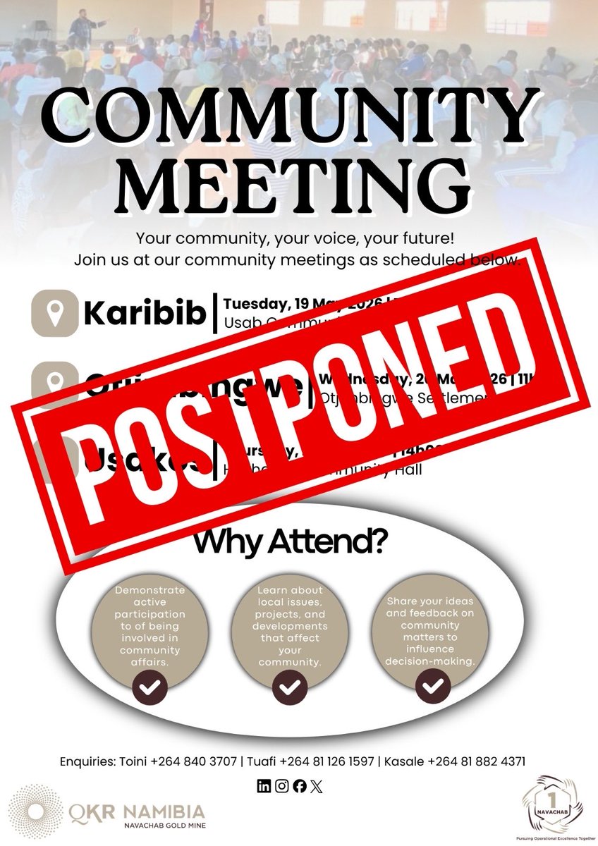 NavachabGM's tweet photo. Please note that the community meeting scheduled above has been postponed. The new dates for the meetings will be communicated in due course.
We apologize for any inconvenience this may cause and appreciate your understanding🙏🏾. https://t.co/mn9ST8e6CI