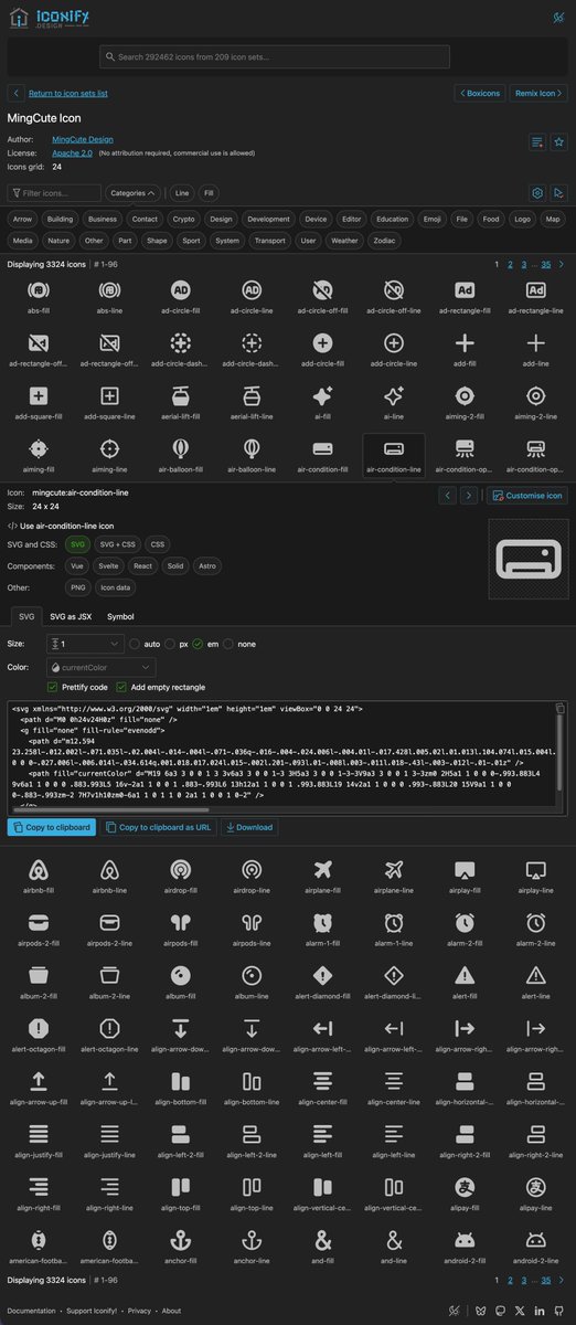 cyberalien_dev's tweet photo. I've rebuilt Iconify icon sets website. Same UI, new UX! Check it out at https://t.co/U7L9agMfhb

Changes:
- Got rid of infinite scroll
- No more overlapping elements
- New code generator
- Select multiple icons, generate bundles and sprites

I'll write articles about each major change later... update is huge and will take a while to write tutorials for all new features.

It is a full rewrite, but with same UI framework so it looks similar to old website.