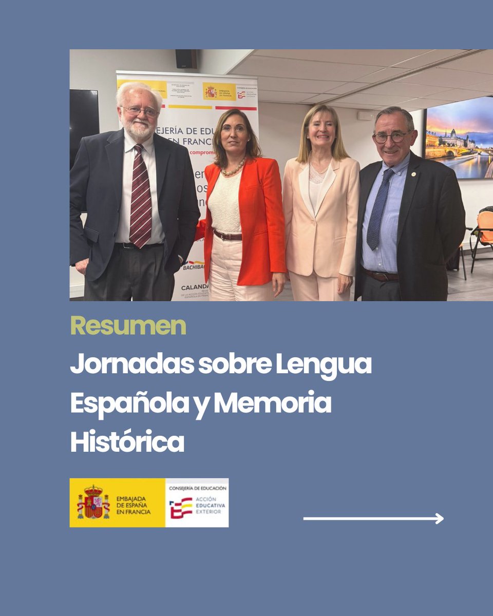EducationESP's tweet photo. 📚🧠 Este lunes y martes se celebraron las Jornadas sobre Lengua Española y Memoria Histórica, organizadas por la Consejería de Educación de la Embajada de España en Francia y la UNED 🇪🇸🇫🇷
con Ignacio Bosque, @jorge_moreno_andres_ y @carlos_iglesias1franco junto a Eloísa Varga. https://t.co/wYAHuJeOEr