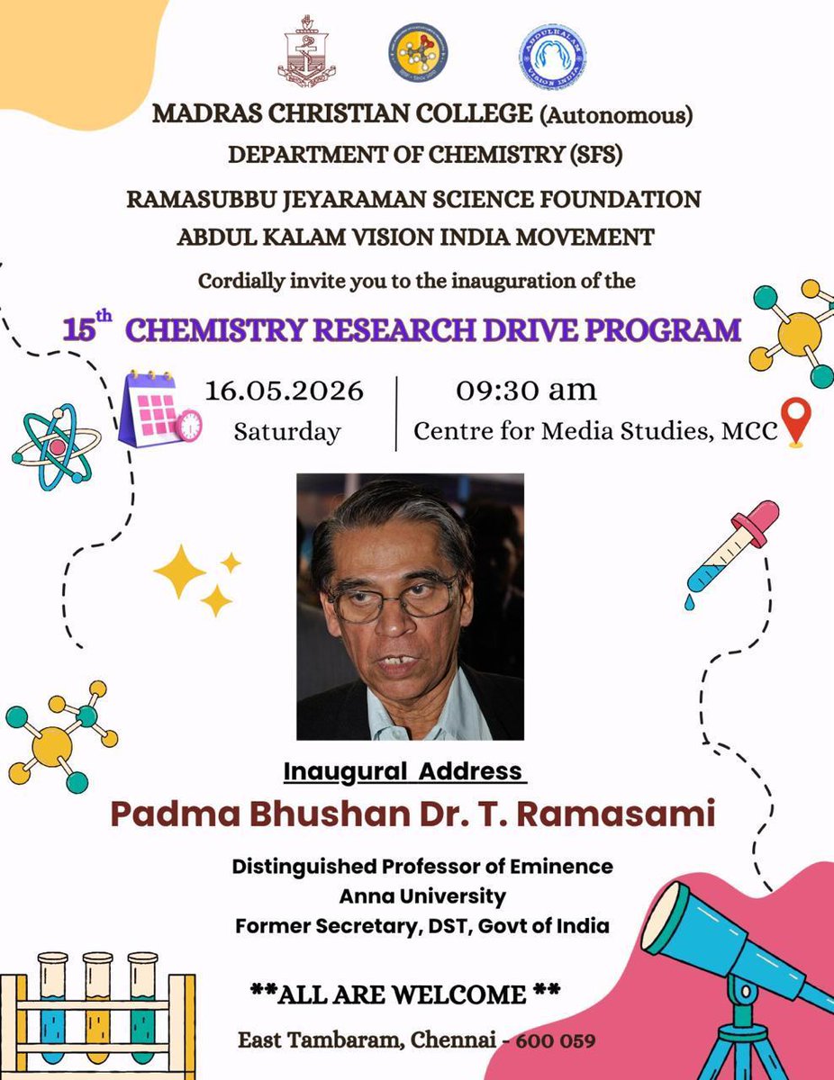 RjsfOfficial's tweet photo. RJSF (Ramasubbu Jeyaraman Science Foundation) delightfully announces the commencement of the 15th Chemistry Research Drive program on the 16th May 2026. 
@CMOTamilnadu @narendramodi #RJSF https://t.co/B8mdbJpItz