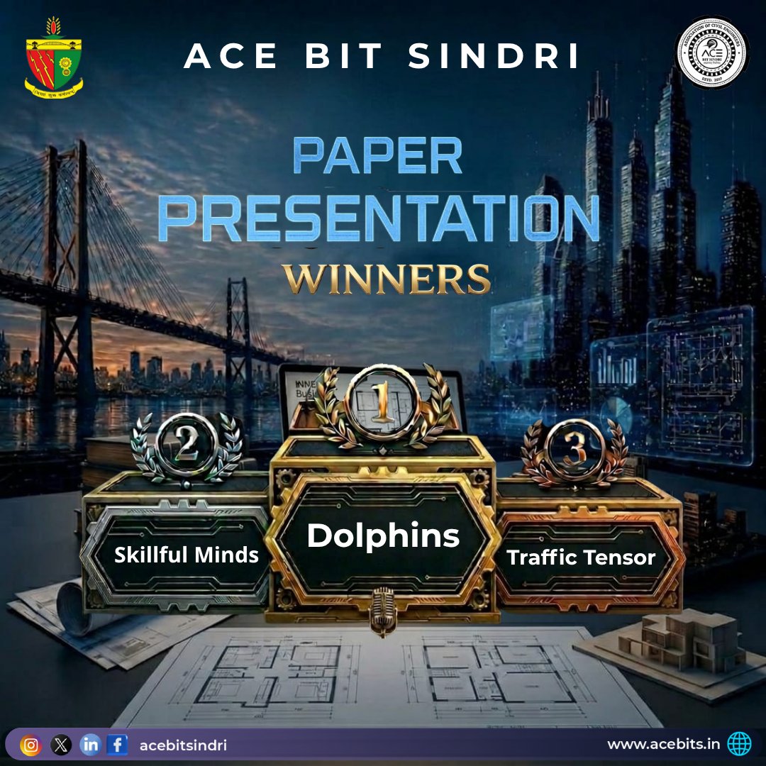 AceSindri's tweet photo. 📃 PAPER PRESENTATION RESULTS | AVLOKAN 3.0

Innovation &amp; technical brilliance shined at the Paper Presentation event by ACE, BIT Sindri. 💡
🥇 Dolphins
🥈 Skillful Minds
🥉 Traffic Tensor
Kudos to all participants for their insightful ideas &amp; presentations! 🚀 https://t.co/nMzWmJ0drt