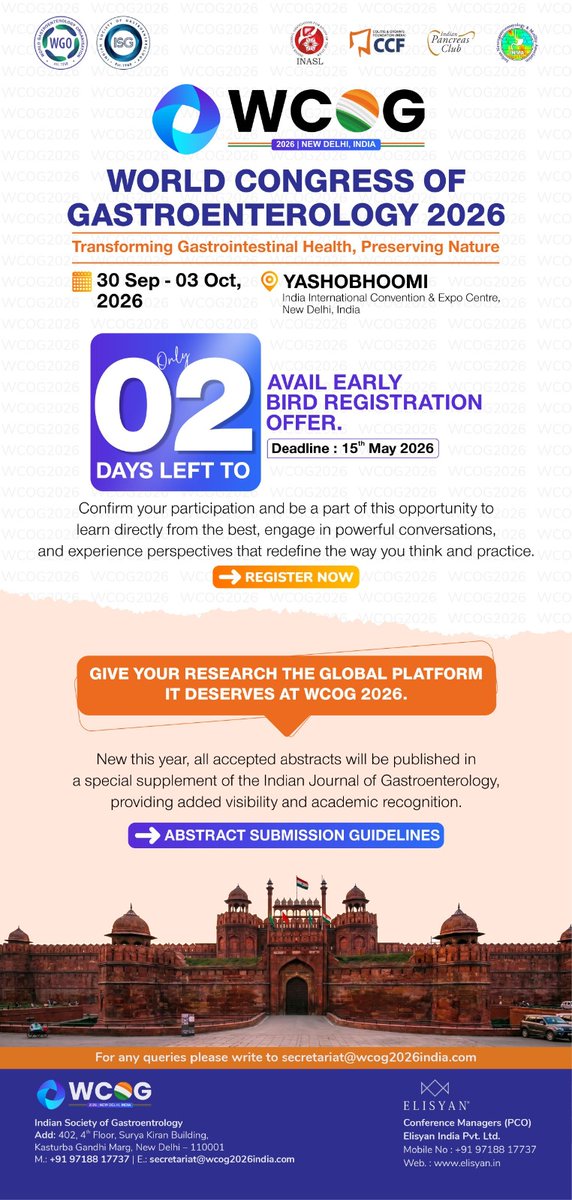 OfIndian23065's tweet photo. Final Opportunity: Early Bird Registration Ends in 48 Hours!

Link:https://t.co/Nf5GbUbqXj

For queries pls write to the conf sec at secretariat@wcog2026india.com

#WCOG2026India #EarlyBirdRegistration #ISG #WorldCongress # https://t.co/mL9vTjUCec