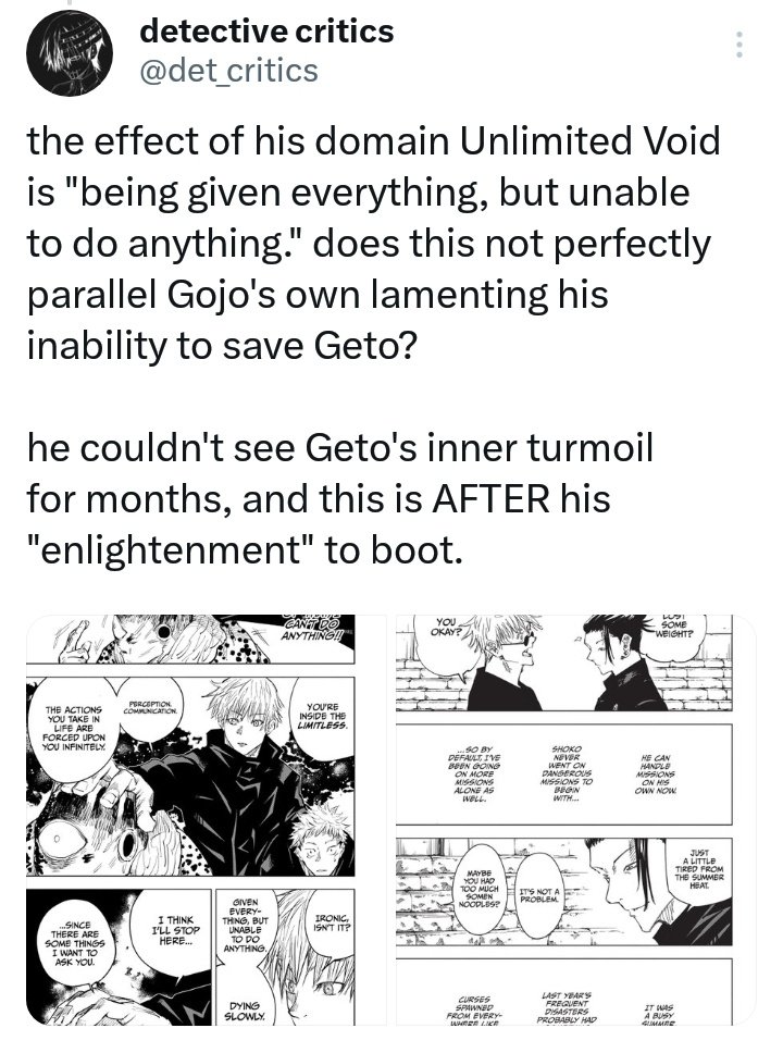lkkaikikolkkai's tweet photo. @TenSNeo Domains are a reflection of the individual's soul.
Gojo Satoru domain expansion is connected to his entire drama with Geto. https://t.co/0puVntimKV
