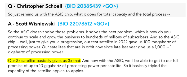 Defiantclient2's tweet photo. $ASTS: 💡Some info on AST bandwidths and speeds

@AST_SpaceMobile bandwidth will be shared by all simultaneous users using the service at the same time within a beam.

The number of simultaneous beams per satellite will also depend on availability of spectrum.

+ Block 1 FPGA has 1,000 MHz processing capacity.
+ Block 2 FPGA has 3,000 MHz processing capacity.
+ Block 2 ASIC has 10,000 MHz processing capacity.

Divide the capacity by size of MHz channels to get your total number of beams. For example, assuming for 10 MHz channels:
+ Block 1 FPGA can support 1,000 / 10 = 100 beams
+ Block 2 FPGA can support 3,000 / 10 = 300 beams
+ Block 2 ASIC can support 10,000 / 10 = 1,000 beams

Source for Block 2 FPGA providing a processing capacity of 3,000 MHz is @scottwisniews at the @UBS Global Media and Communications Conference on December 8, 2025, screenshotted below.

Then, using their status quo spectral efficiency of 3 bits/Hz, each beam with 10 MHz channel can support up to 30 Mbps downlink and around 15 Mbps uplink (half of downlink). 

You can play with your own assumptions using the above info.

Note that using MIMO technology, @VodafoneGroup has stated that the spectral efficiency will double to 6 bits/Hz. Then, using @pulsone's Universal Spectrum Multiplier, spectral efficiency should increase further by another 50%+, leading to 9 or 10 bits/Hz minimum. I outline some specific examples here: https://t.co/js25dVbpvH

For more FAQ, please visit my page: https://t.co/wQfxs6Y3Iz