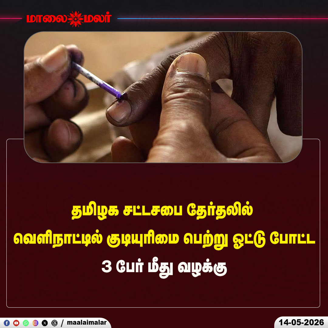 maalaimalar's tweet photo. மேலும் படிக்க : https://t.co/ALmGoSVbqv
#TamilNadu #TamilNaduElection #ElectionNews #VotingFraud #IllegalVoting #ElectionCommission #OverseasCitizenship #VoterFraud #CaseFiled #BreakingNews #TNPolitics #ElectionUpdate #LawAndOrder #PoliceAction #Democracy #TamilNaduNews #PoliticalNews #Investigation #LatestNews #Maalaimalar #BreakingUpdate