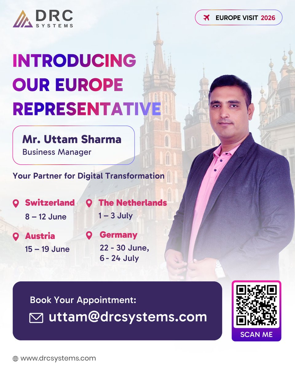 drcsystems's tweet photo. We’re pleased to introduce our representative for the upcoming Europe business visit Mr. Uttam Sharma , Business Manager at DRC Systems.
📩 Book your appointment: 𝐮𝐭𝐭𝐚𝐦@𝐝𝐫𝐜𝐬𝐲𝐬𝐭𝐞𝐦𝐬.𝐜𝐨𝐦
𝐒𝐜𝐡𝐞𝐝𝐮𝐥𝐞 𝐍𝐨𝐰: https://t.co/DXVGiwnejq
#DRCSystems #EuropeVisit https://t.co/BrqC3R4bAX