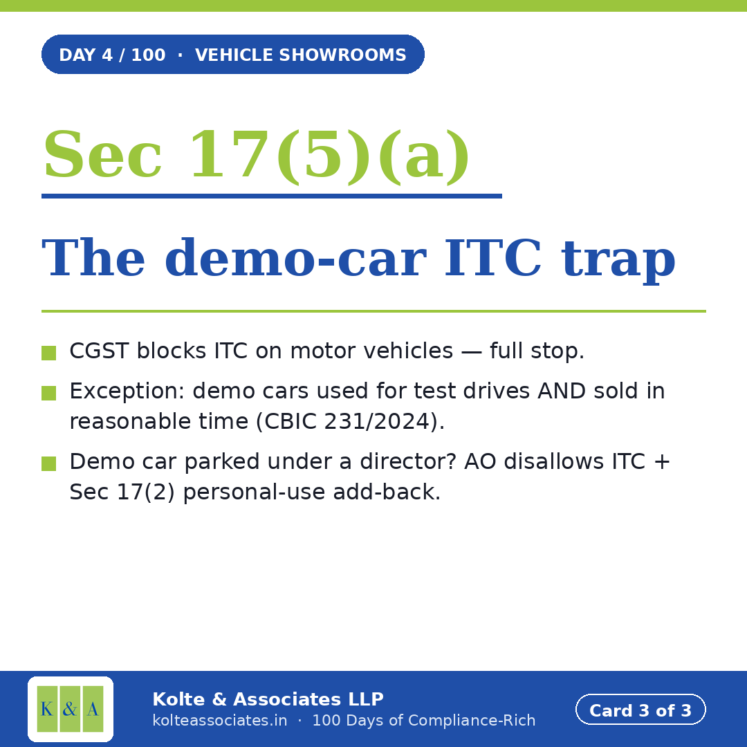 kolte_rohit's tweet photo. 3️⃣ The demo-car ITC trap.

Sec 17(5)(a) blocks ITC on motor vehicles — except demo cars used for test drives AND sold in reasonable time (CBIC Cir 231/2024).

Demo car parked under a director? AO disallows ITC.

https://t.co/FlxtdOhuR7

— @kolte_rohit https://t.co/HLK5qsARda