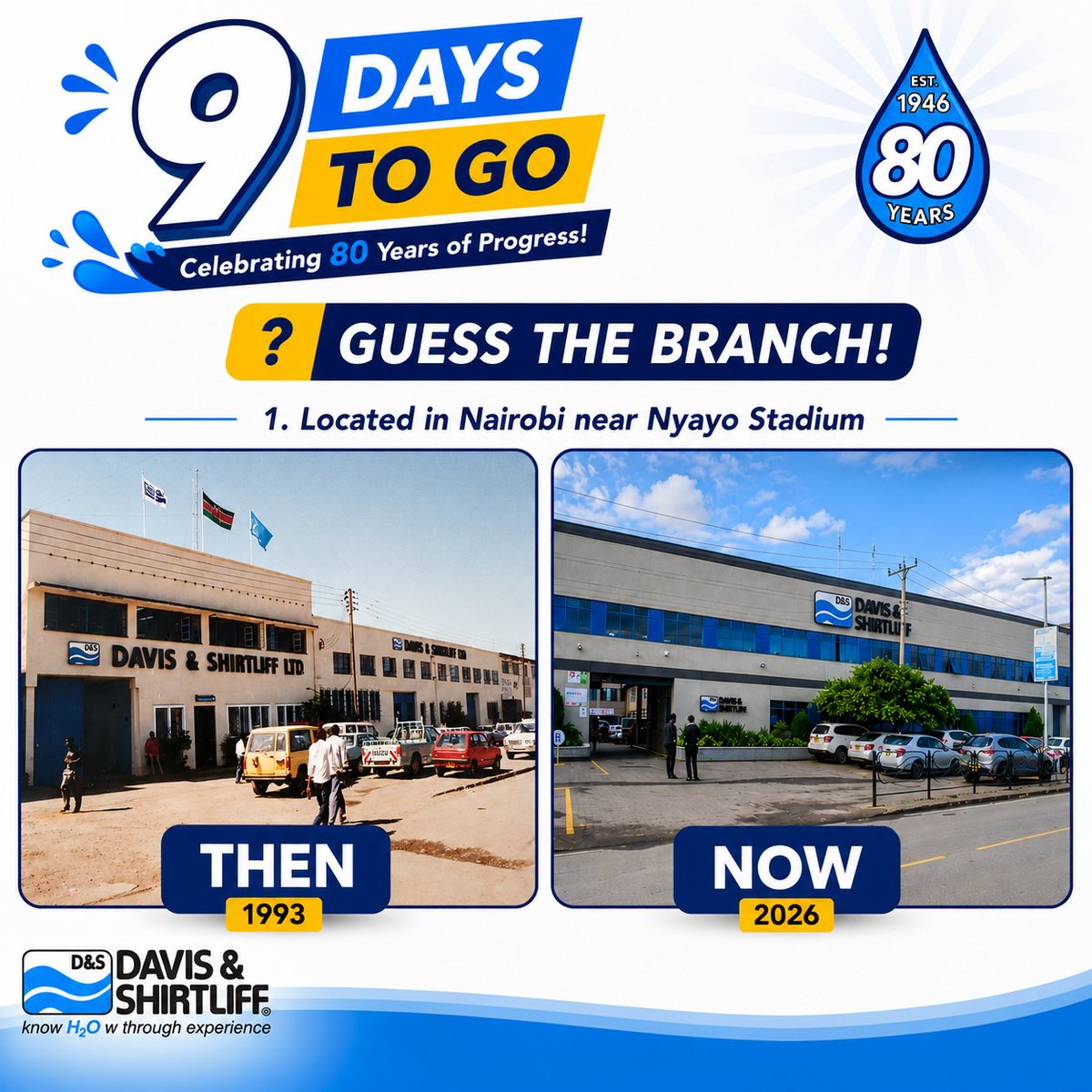 DavisShirtliff's tweet photo. 9 Days to Go! 

This #ThrowbackThursday, explore 3 D&amp;S branch transformations from the 1950’s &amp; 1990’s to 2026!

Think you know Davis &amp; Shirtliff? Use the hints and guess Branches 1, 2 &amp; 3 for a chance to WIN!

#WeAre80 #CountdownTo80 #ThenAndNow https://t.co/iYB7j3K2ky