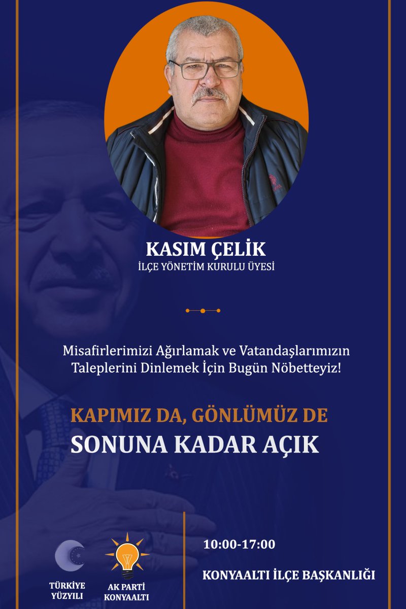 KonyaaltAk's tweet photo. Konyaaltı için her zaman nöbetteyiz!
Bugün İlçe Baskanlığımızda Nöbetçimiz İlçe Yönetim Kurulu Üyemiz ; 
Kasım Çelik 
✍️Soru ve görüşleriniz için kendisini ziyaret edebilir veya 0242 228 8040 numaradan kendisine ulaşabilirsiniz.
@alicetin_07 
@avyunusgunal 
@akpartiantalya7 https://t.co/rIg7AiBirh