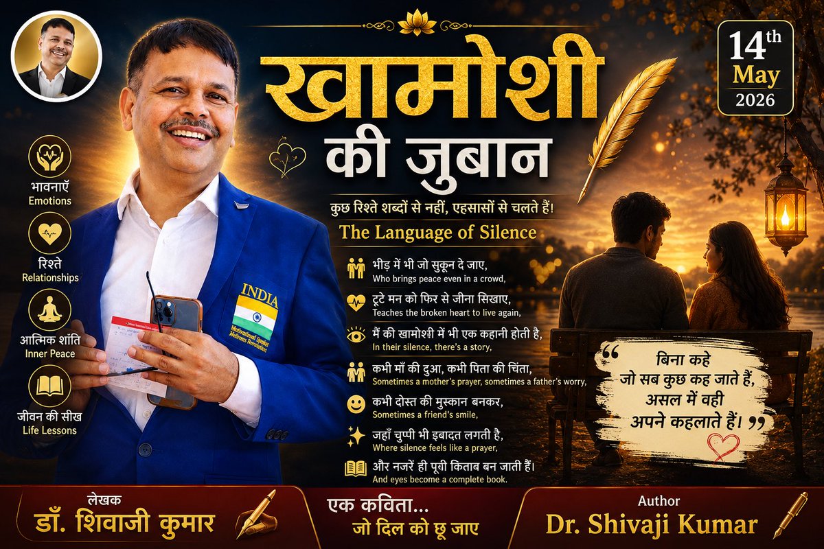 ShivajeeKumar's tweet photo. “खामोशी की ज़ुबान
डॉ शिवाजी कुमार

बिना कहे जो सब कुछ कह जाते हैं,
वो अक्सर दिल के सबसे करीब हो जाते हैं।
ना शब्दों की जरूरत, ना आवाज़ का सहारा,
बस आँखों से ही एहसास बयां कर जाते हैं।

भीड़ में भी जो सुकून दे जाए,
टूटे मन को फिर से जीना सिखाए,
उनकी खामोशी में भी एक कहानी होती है https://t.co/6VZNyOE5x5