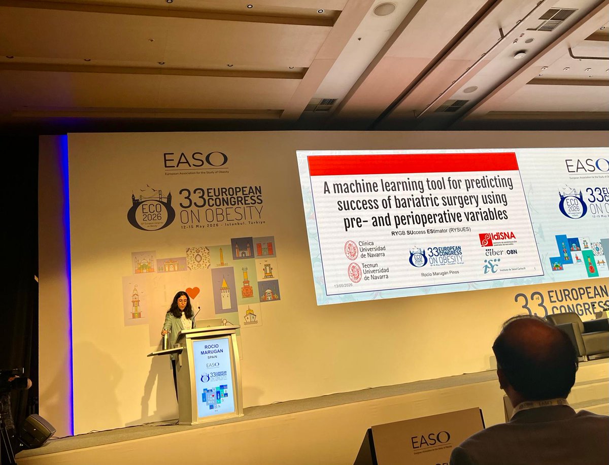 fruhbecklab's tweet photo. Very proud of Rocío Marugán for presenting part of her PhD thesis work in the oral communication "A machine learning tool for predicting success of bariatric surgery using pre-and perioperative variables" at #ECO2026 https://t.co/FkKDtwQhjf