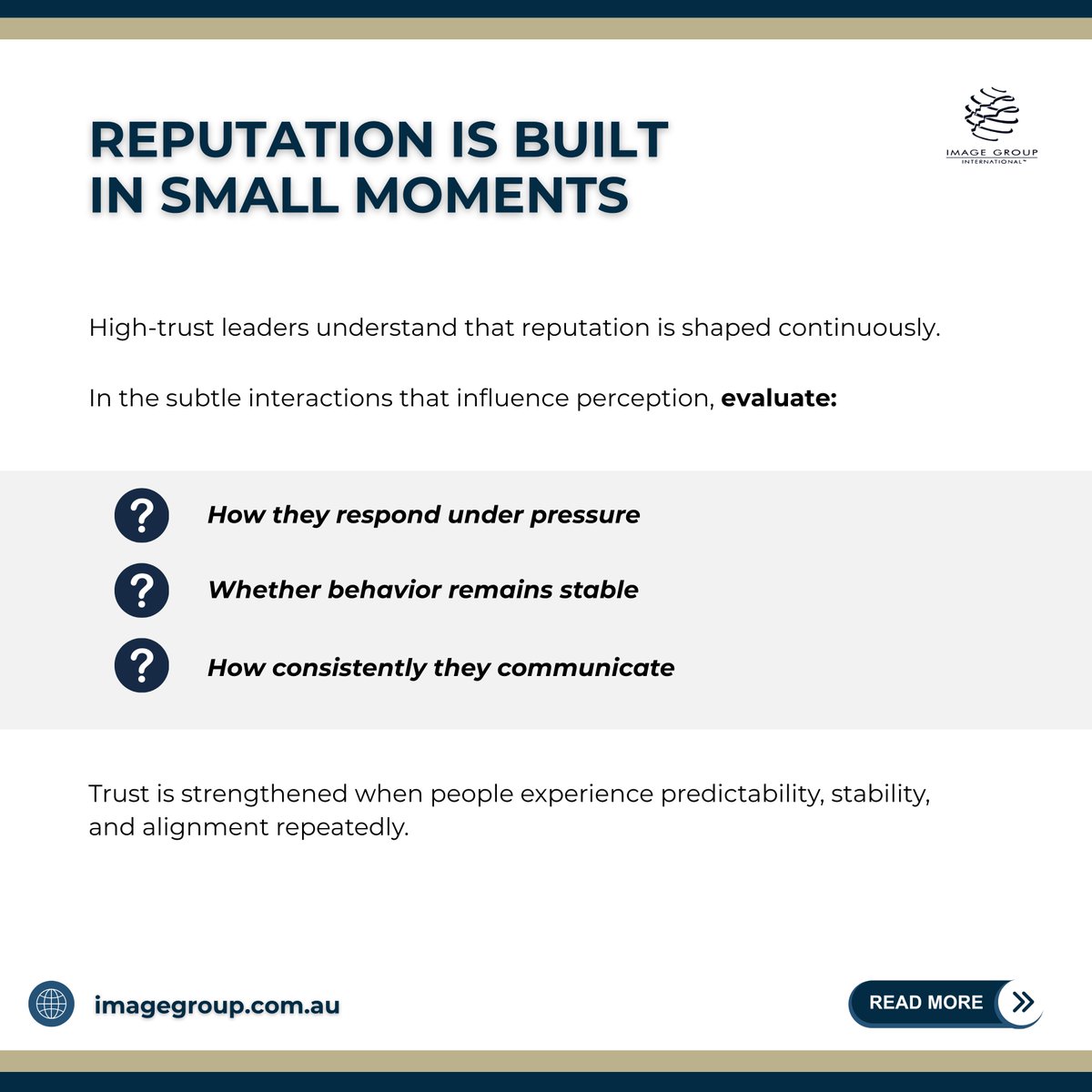 image_group's tweet photo. Most trust failures begin quietly through repeated inconsistencies that people remember over time.

This week’s The Imagemaker™ explores why the brain tracks patterns over promises and why leadership credibility is shaped by repeated behavioral signals. https://t.co/iR85KnV5V7