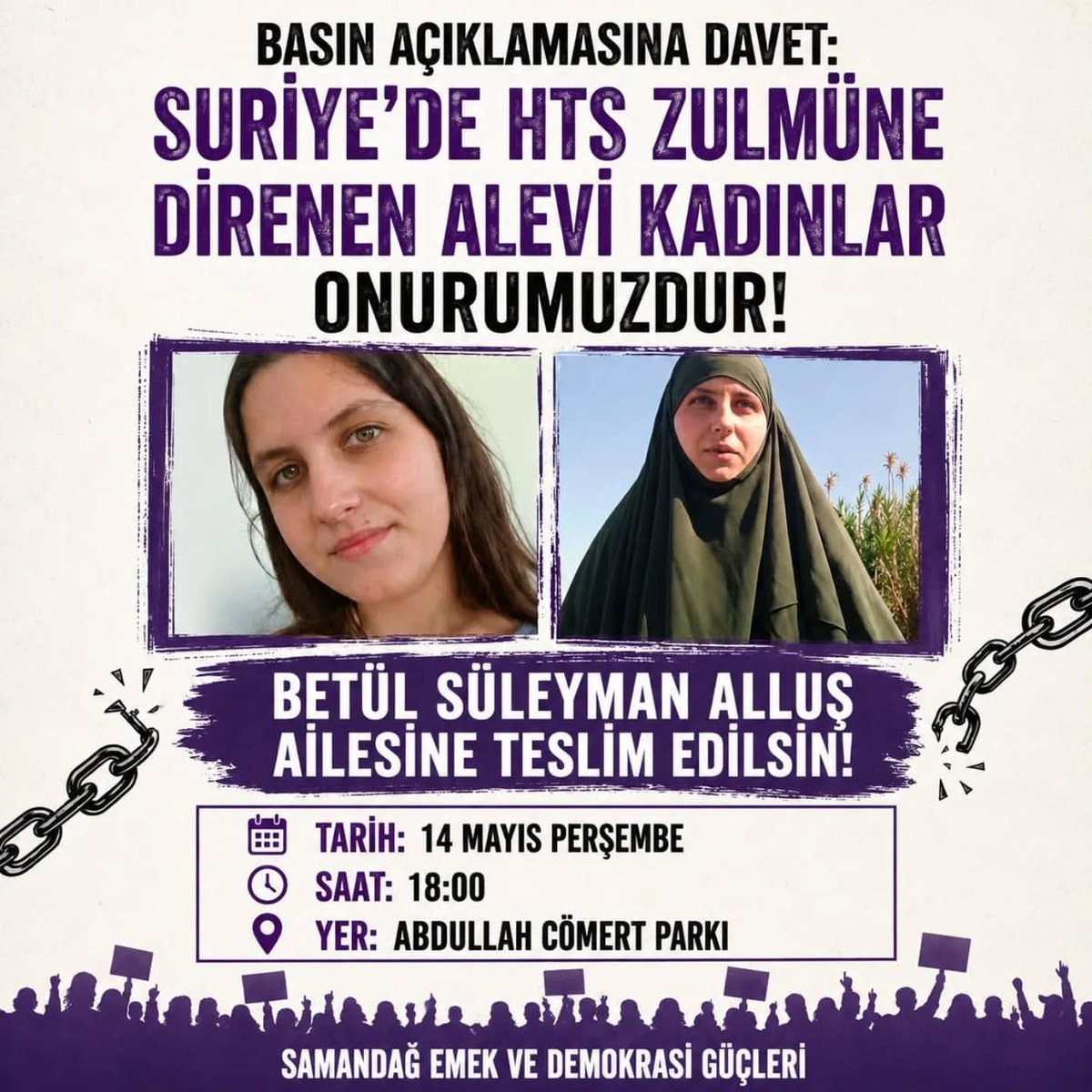 cillevitv_en's tweet photo. Samandağ’da Basın Açıklaması

Suriye’de Alevi kadınlara yönelik kaçırma ve saldırılara karşı bugün saat 18.00’de Abdullah Cömert Parkı’nda basın açıklaması yapılacak. https://t.co/z8y1SOnqTi
