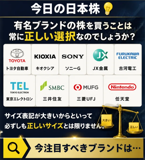 kanpi_vv's tweet photo. 今日の日本株💡
有名ブランドの株を買うことは
常に正しい選択なのでしょうか？
・トヨタ自動車
・キオクシア
・ソニーG
・JX金属
・古河電工
・東京エレクトロン
・三井住友
・三菱ＵＦＪ
・任天堂
サイズ表記が大きいからといって
必ずしも正しいサイズとは限りません。
今注目すべきブランドは…↓ https://t.co/aGPUkdHM66