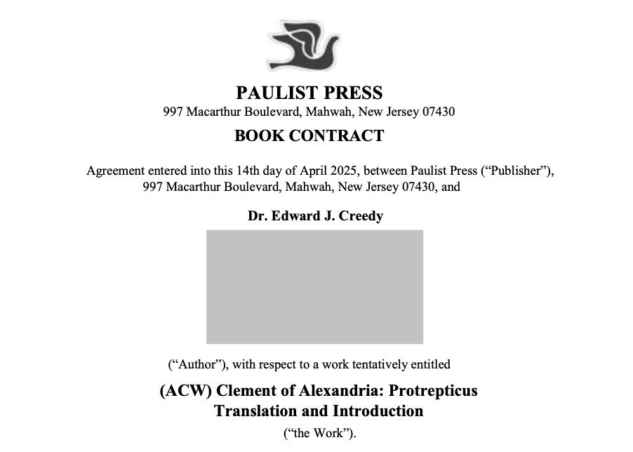 edcreedy's tweet photo. I forgot to mention this in the Easter holiday break, but I’m delighted to have signed a contract to produce a new translation of Clement’s Protrepticus in the Ancient Christian Writers series. It will be the first English translation of the text in well over a century. https://t.co/HqgfSop8JX