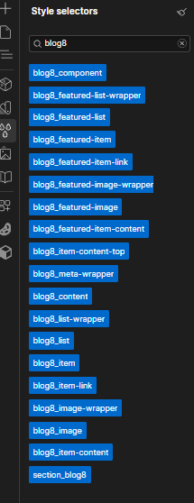 meetprkh's tweet photo. This has been one of the most useful things in @webflow Designer! 

Because I use relume, it is super quick to just go to the style selector, search for the blog8 and just rename entire section that way! 

Did you know this? Like if I helped you save time. https://t.co/9pN5grbg9N