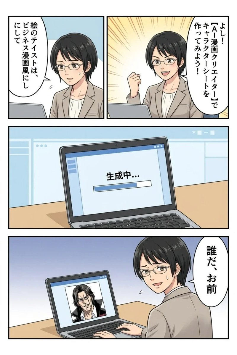 mocchi_geek's tweet photo. 本人の写真を元に作ったキャラクター、美人過ぎませんか？

という意図が、伝わらなかった失敗例🤣

セリフ指定したのに、うまくいかなかった😫
#AI漫画クリエイター https://t.co/aJM3AJnXDN