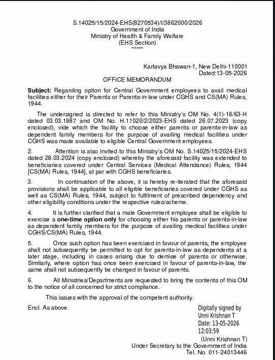 8thpaycommision's tweet photo. Major relief and clarity for Central Government employees. The Ministry of Health &amp;Family Welfare has reiterated that employees under CGHS and CS(MA) Rules can choose either parents or parents-in-law as dependent family members for medical facilities. #CGHS #Centralgovtemployees https://t.co/mXvDvL1Jzk