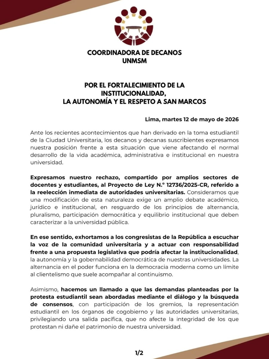 MirtyVas's tweet photo. Decanos de diferentes facultades de la Universidad Mayor de San Marcos, rechazan el proyecto de ley que promueve la Reelección inmediata de Rectores. https://t.co/9wUaRrZNiN