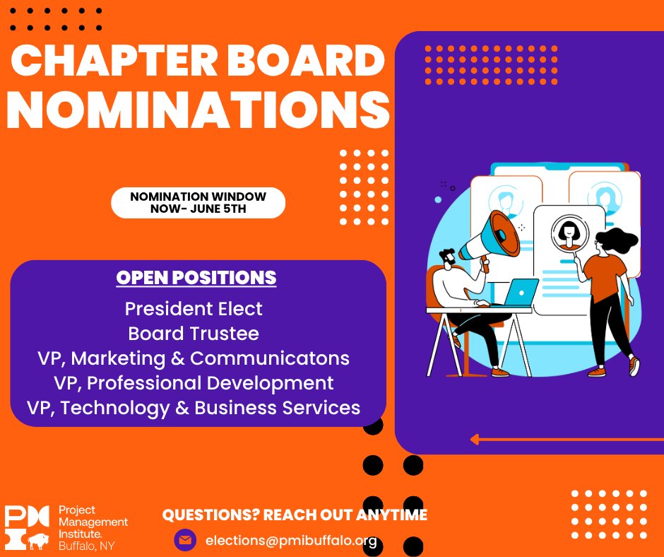 PMIBuffalo's tweet photo. 👉Nomination Window: May 8 – June 5👈

Open Board Positions (Term: Jan 1, 2027 – Dec 31, 2028)
● President Elect
● VP, Marketing &amp;amp; Communications
● VP, Professional Development
● VP, Technology &amp;amp; Business Services
● Board Trustee

Questions? elections@pmibuffalo.org https://t.co/XRpw01w30o