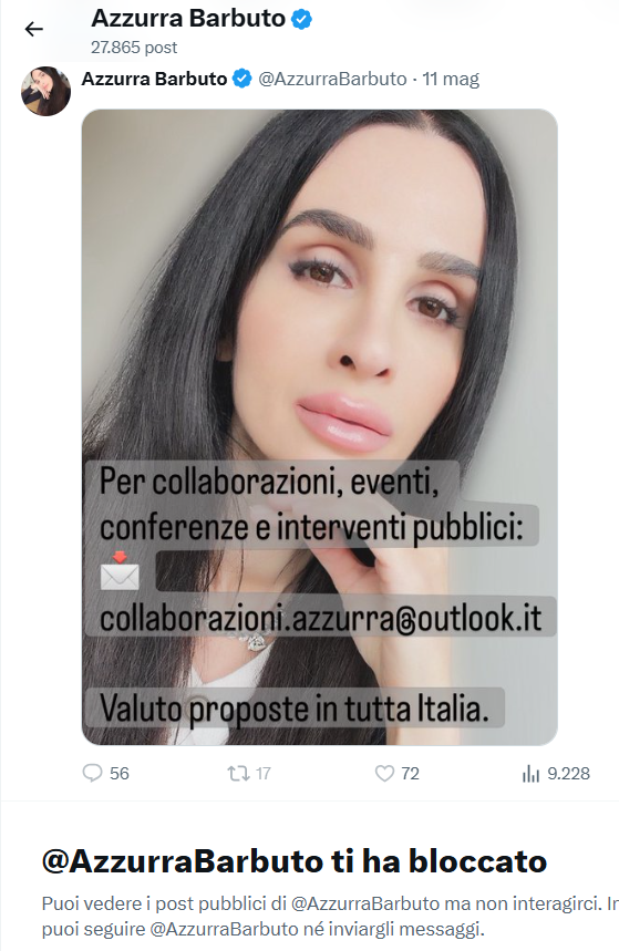 ancora_lorenzo's tweet photo. Noooooooooooo, sono distrutto, una notizia che è arrivata come un fulmine a ciel sereno.
Miss canotto @AzzurraBarbuto, la giornalaia, senza offesa per la categoria, che organizza eventi per tutti i gusti, mi ha bloccato.😭😭😭
#freespech
😂😂😂 https://t.co/gWC6dVoFrO