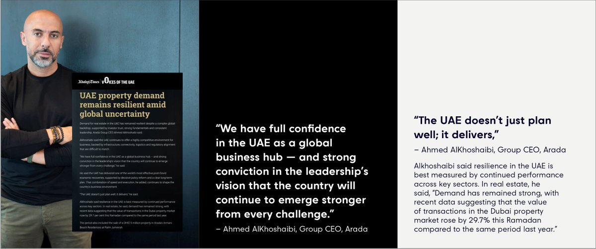 AradaLiving's tweet photo. Ahmed Alkhoshaibi, Group CEO, Arada: "Demand for UAE real estate has remained resilient despite a complex global backdrop, supported by investor trust, strong fundamentals, and consistent leadership." 
See the full @khaleejtimes feature: https://t.co/6MsvXJWLl8 https://t.co/dKPQUjlYXI