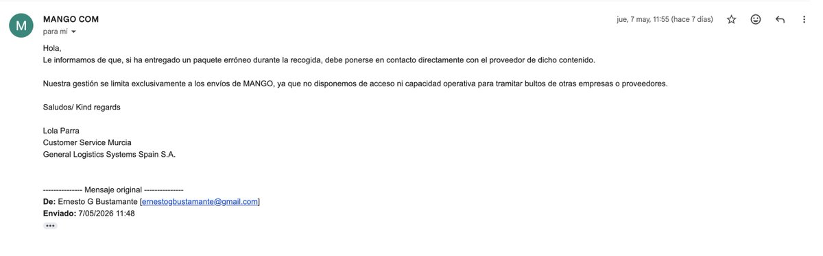 ernestogbusta's tweet photo. @Mango Hola, ya me puse en contacto con @GLS_Spain @GLS_clientes y me dicen que lo debe solucionar Mango. Por favor, esta situación debe solucionarse ya que se trata de un pedido de mi propiedad que GLS, por orden de Mango, ha recogido incorrectamente SIN MI AUTORIZACIÓN. https://t.co/lmRaJp6gEW