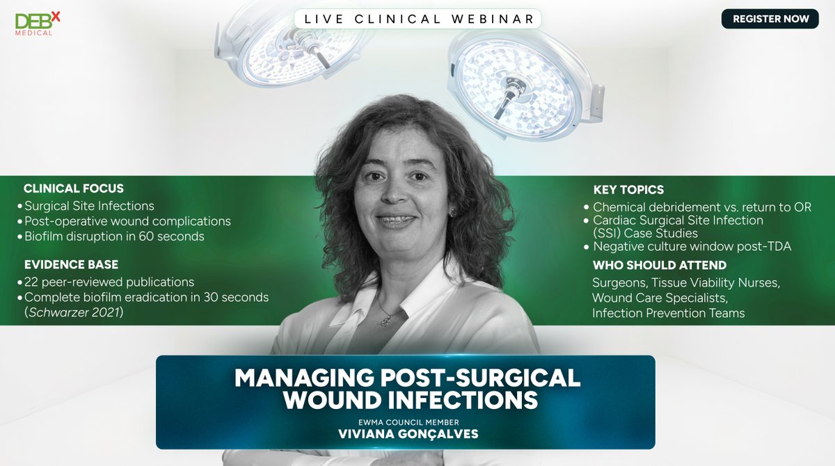 DebxMedical's tweet photo. Webinar on 𝘔𝘢𝘯𝘢𝘨𝘪𝘯𝘨 𝘗𝘰𝘴𝘵-𝘚𝘶𝘳𝘨𝘪𝘤𝘢𝘭 𝘞𝘰𝘶𝘯𝘥 𝘐𝘯𝘧𝘦𝘤𝘵𝘪𝘰𝘯𝘴 𝘸𝘪𝘵𝘩 𝘌𝘞𝘔𝘈 𝘊𝘰𝘶𝘯𝘤𝘪𝘭 𝘔𝘦𝘮𝘣𝘦𝘳, 𝘝𝘪𝘷𝘪𝘢𝘯𝘢 𝘎𝘰𝘯𝘤𝘢𝘭𝘷𝘦𝘴

Sign up today! https://t.co/epzJZ0oMR0

#woundcare https://t.co/Sc9h4lJM2r