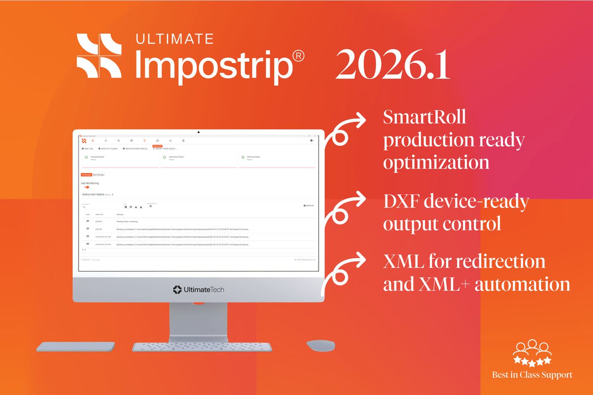 PrintImposition's tweet photo. Ultimate Impostrip® 2026.1 is built for Next-Gen Print Operations and Focuses on fuelling Automation. Introducing new functionality such as SmartRoll optimization, DXF Device-ready Output Control, Traceability, XML+ and more... 
More information: https://t.co/gK5VAyPWC9 https://t.co/mnVb8pskdW