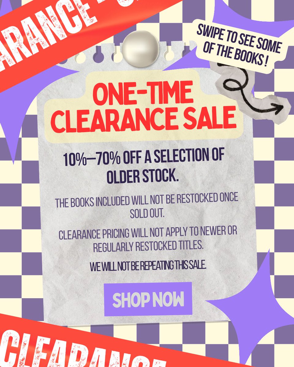 Nightowlbookssa's tweet photo. **ONE-TIME CLEARANCE SALE

10%–70% Off Selected Titles

A one-time clearance on a selection of older stock.

The books included will not be restocked once sold out.

We will not be repeating this sale.

Clearance pricing will not apply to newer or regularly restocked titles.

تخفيضات التصفية لمرة واحدة

خصومات من 10٪ إلى 70٪

تصفية لمرة واحدة على مجموعة من الإصدارات الأقدم.

هذه الكتب لن تتوفر مرة أخرى بعد نفاد الكمية.

ولن يتم تكرار هذه التصفية.

كما أن تخفيضات التصفية لا تشمل الإصدارات الجديدة أو الكتب التي يتم إعادة توفيرها بشكل مستمر.**