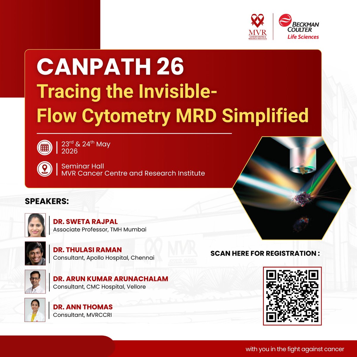 MVRCancerCentre's tweet photo. Join us at CANPATH 26 for two days of immersive learning in Flow Cytometry MRD designed for pathologists looking to strengthen their understanding of MRD interpretation in B-ALL, T-ALL and AML MRDs.

📅  May 23 and 24, 2026
📍 MVRCCRI 

Register Now 👇

https://t.co/T8bq1dosrF https://t.co/106znQphw9
