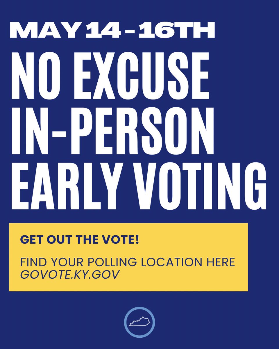 KyDems's tweet photo. Early voting is now open. From today through Saturday, May 16th, any registered Kentucky voter can cast their ballot in person with no excuse needed. 

Find your early voting location at https://t.co/iP8GwpAOAZ https://t.co/N1JdTS5RlR
