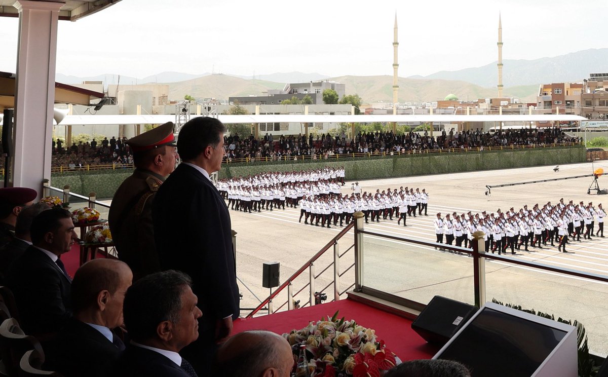 ahmed_hazharr's tweet photo. President Nechirvan Barzani attended the graduation ceremony of the 30th training course at the Second Military Academy in Zakho, congratulating 359 new officers who officially joined the Peshmerga forces after completing their military and academic training.

The President emphasized that the Peshmerga will always remain a symbol of sacrifice, dignity, and the protection of Kurdistan, while reaffirming the importance of unifying the Peshmerga forces and strengthening cooperation to preserve security and stability in Iraq and the region.