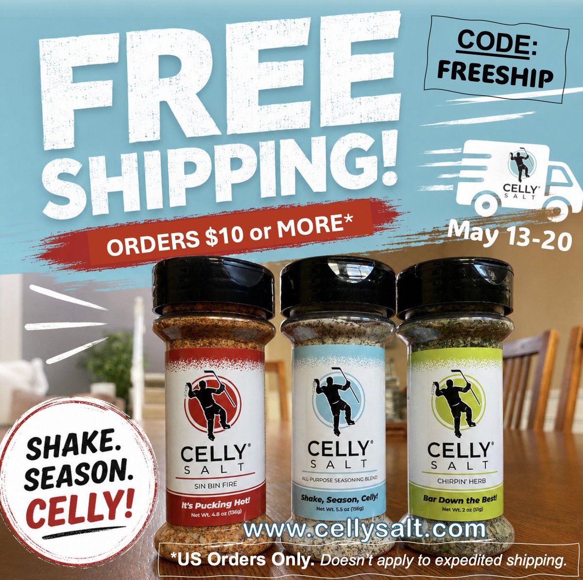 CellySalt's tweet photo. FREE SHIPPING* Celly

Code: FREESHIP

5/13-5/20

https://t.co/SnUmQ2cjkF

(*US orders only. Offer for $10 or more. Not good on expedited orders.)

#free #freeshipping #foodie https://t.co/JaGNvobESu