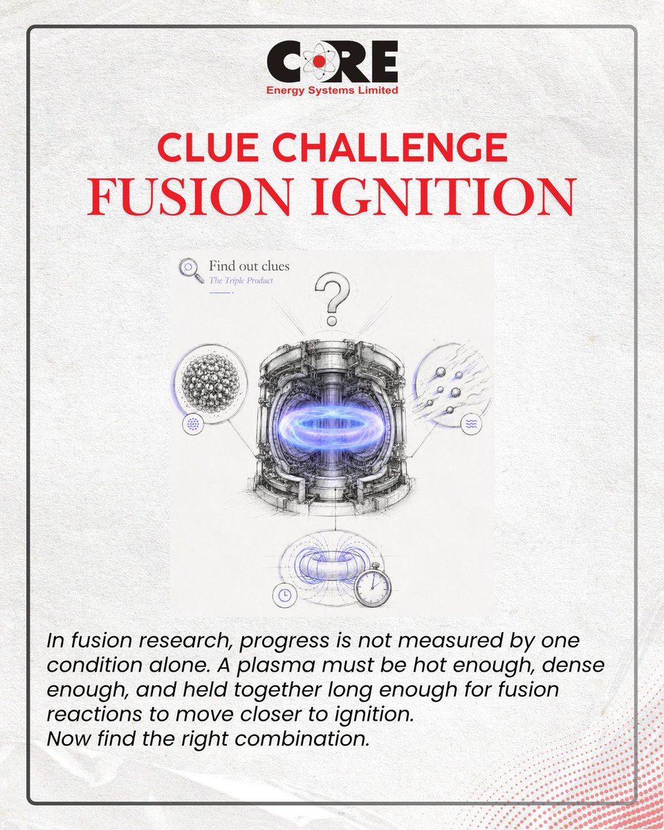 CoreEnergySys's tweet photo. ⚛️ Fusion Challenge is live

Fusion ignition isn’t about optimising just one variable: it’s all about balance.

Do you know what makes up the Triple Product in fusion research?
Reply with your answer: A | B | C | D 👇

#FusionIgnition #FusionEnergy #ClueChallenge