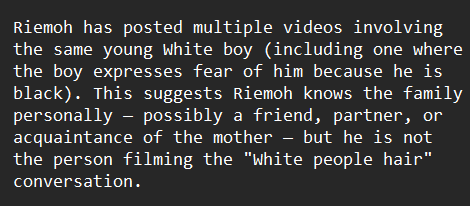 Vini7009J's tweet photo. @ksorbs The adult filming seems to be getting off on the fact that they have succeeded in their psychological abuse of this White child. The clip was originally posted/shared on TikTok/Instagram by riemoh (a black male content creator). https://t.co/Z92FDiZCAJ
