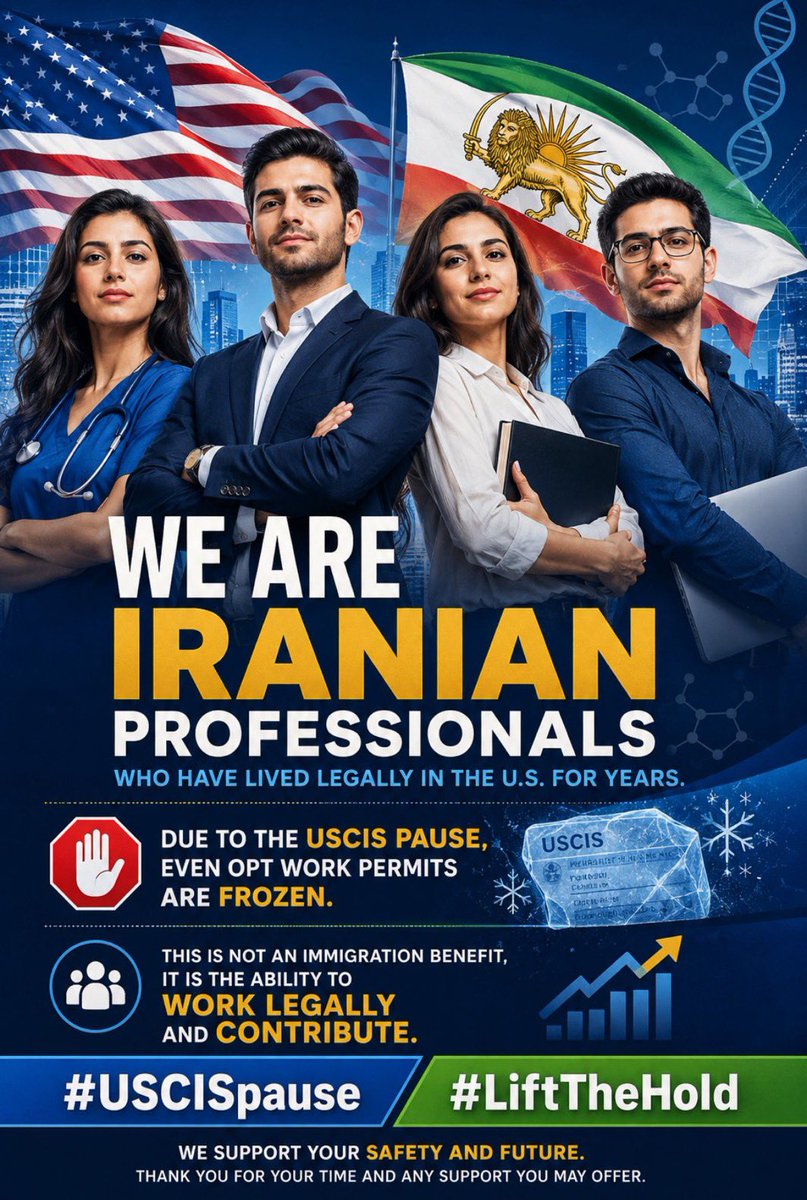 Gwenherself's tweet photo. 🆘🆘🆘🆘
After years of building lives and careers in America, saving patients, innovating in labs, and strengthening communities Iranian professionals are suddenly unable to work!!
Even their valid OPT permits are frozen due to the USCIS pause.
They’re not asking for special treatment. 
Just the dignity to continue contributing LEGALLY to the country they call home💔

THIS IS SHATTERING DREAMS, BREAKING FAMILIES APART, AND WASTING INCREDIBLE TALENT THAT AMERICA ITSELF HELPED NURTURE‼️‼️

@PahlaviReza 
@NoorPahlavi 
@NUFDIran 
@SecMullinDHS 
@marcorubio 
@LindseyGrahamSC 
@SenGaryPeters 
@RandPaul 
@USCISJoe 
@USCIS 

@marklevinshow 
@LauraLoomer 

#USCISPause
#LiftTheHold