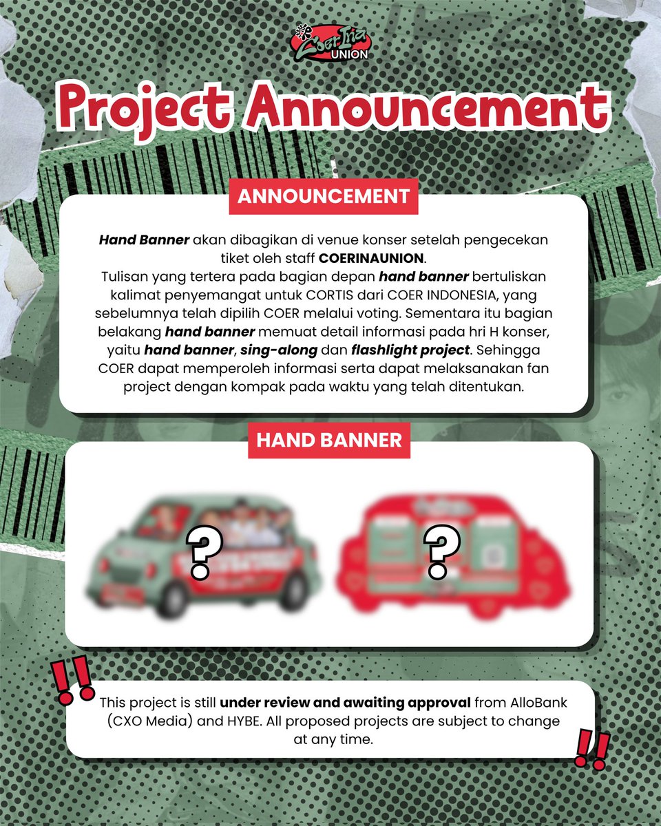 COERINAUnion's tweet photo. Submitted Fan projects 🔥

Our fan projects — consisting of a hand banner and photowall — have officially been submitted to Allobank (CXO Media) and HYBE.  
The hand banner itself will be distributed at the venue and features two different sides:
💚 Front side: a heartfelt support message for Cortis from COER Indonesia
❤️ Back side: complete information regarding the sing along project and flashlight project for everyone attending the event

We hope these projects can create a memorable moment that we can experience together. Thank you for all the love and support poured into this project so far 🚀

#COERINAUnion #코르티스 #CortisInJakarta #AllobankFestival2026
————————————————
For More Information : 
Instagram @coerinaunion
X @coerinaunion
Tiktok @coerinaunion_
————————————————