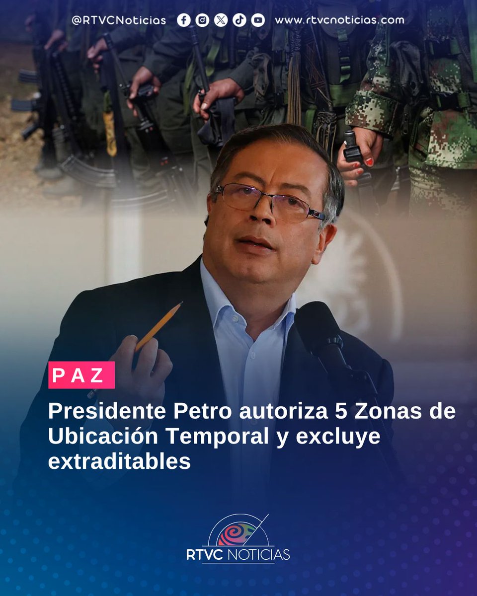 RTVCnoticias's tweet photo. #Paz El presidente @petrogustavo autorizó este miércoles avanzar con el traslado de integrantes de grupos armados ilegales a cinco Zonas de Ubicación Temporal (ZUT), así lo anunció el propio mandatario durante el consejo de ministros. El anuncio llegó tras tres días de un choque entre el Gobierno y la Fiscalía, una situación confusa entre Presidencia y la Consejería Comisionada de Paz, Otty Patiño, y la intervención de la Corte Suprema de Justicia.

📰Amplía la noticia aquí ⤵️
https://t.co/0qqVwbKdhd