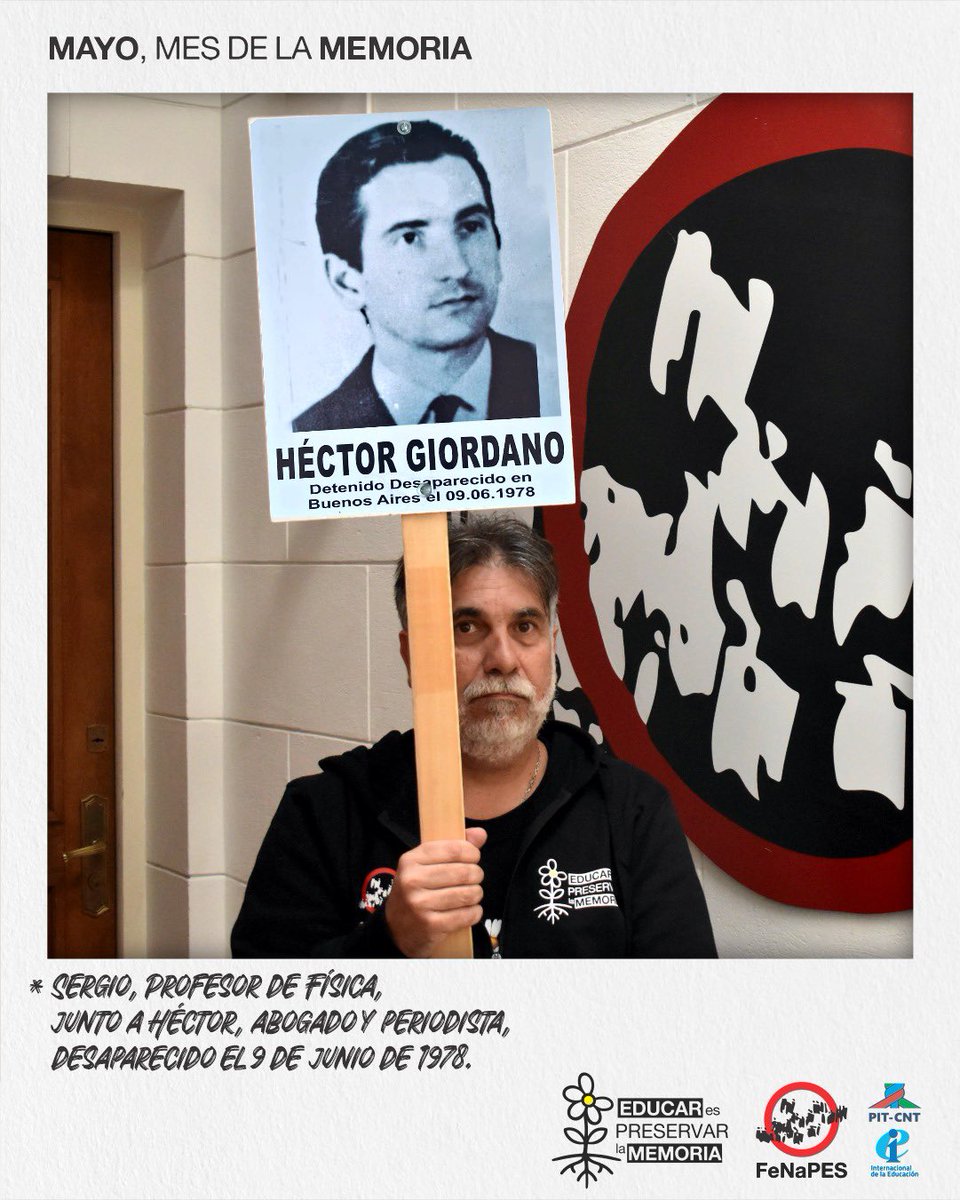 FenapesUruguay's tweet photo. ¿DÓNDE ESTÁN?
En mayo abrimos las puertas de nuestra casa para habitar la memoria.

🫂Sergio, profe de Física e integrante de nuestro Ejecutivo, junto a Héctor, abogado y periodista, detenido desaparecido el 9 de junio de 1978. 

Educar es preservar la memoria.
#FenapesSeMueve https://t.co/tJaeey9E23