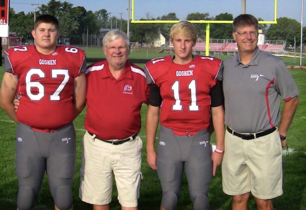 GHSRedHawksFB's tweet photo. This past week, we lost one of our own. 

Rev. Larry Biller was a lifelong member of Goshen Football. Larry lettered for 3 years and served on the chain gang for over 40 years blessing the community. 

Larry (left middle) - thank you for all you did for our village! https://t.co/KBs6BV9QAz